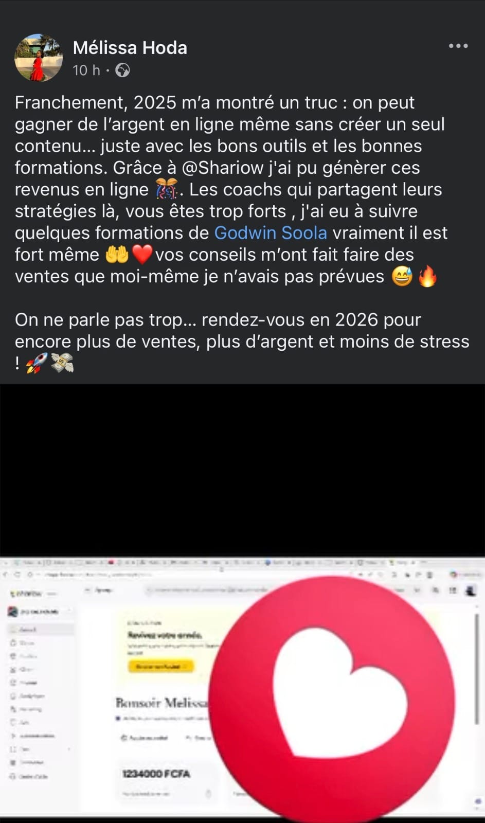 Témoignage Facebook — 1 234 000 FCFA