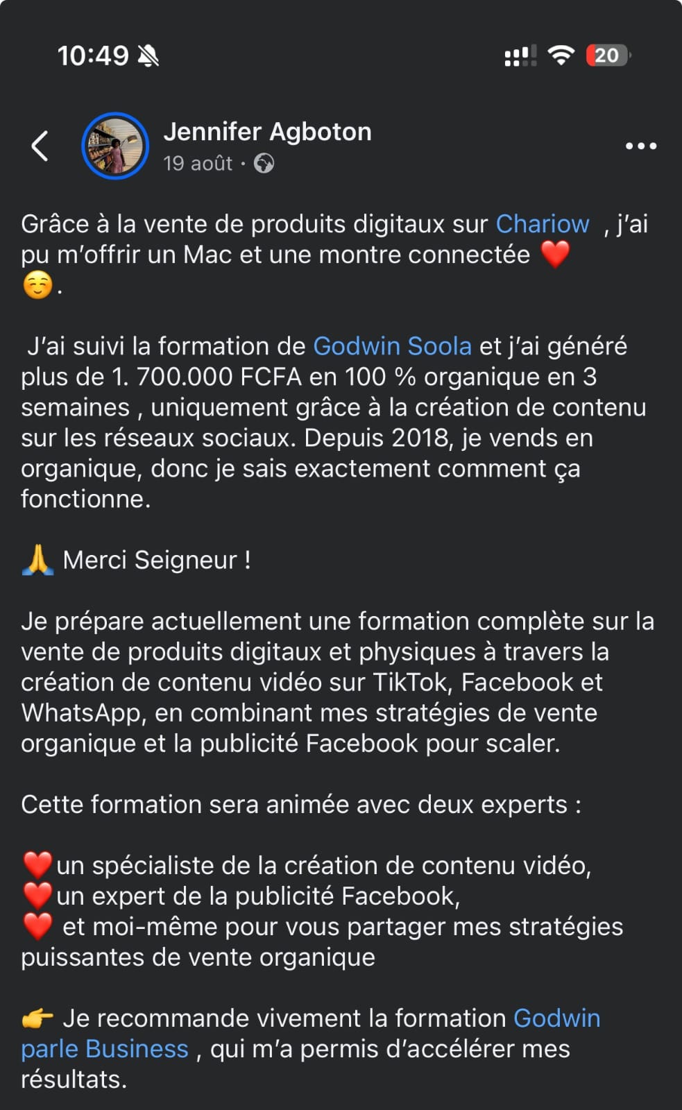 Témoignage Facebook — 1 700 000 FCFA en 3 semaines